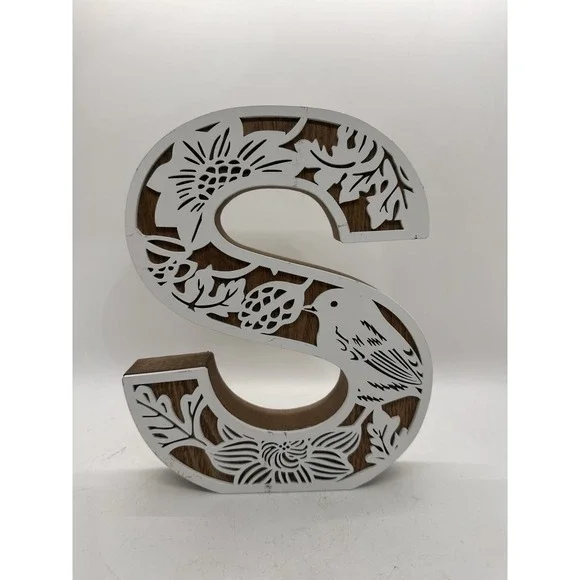 Decorative Letter S Wood Wall Decor Floral Bird Monogram Farmhouse White