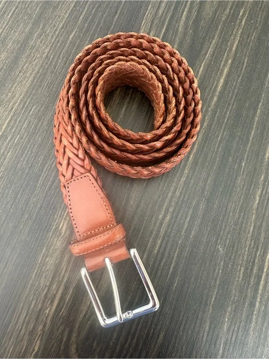 Cole Haan Braided Leather Belt Brown Silver Buckle Like New Classic Size 42