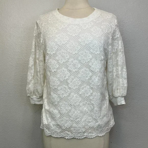 Athropologie Eri + Ali Ivory Lace Top Cotton Blend Top Blouse Puff‎ Sleeve Sz S