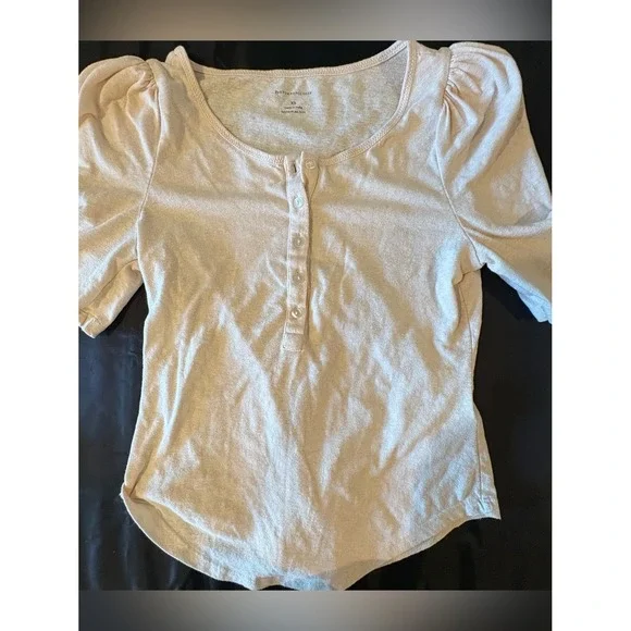 Anthropologie Puff Sleeve Henley Top Button Front Cream Beige Knit Blouse XS