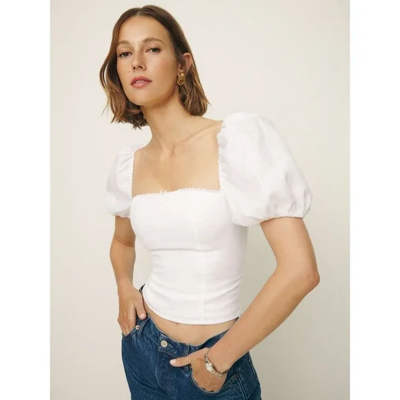REFORMATION Rory Linen Top Women 8 White Smocked Puff Sleeve Milkmaid Coquette