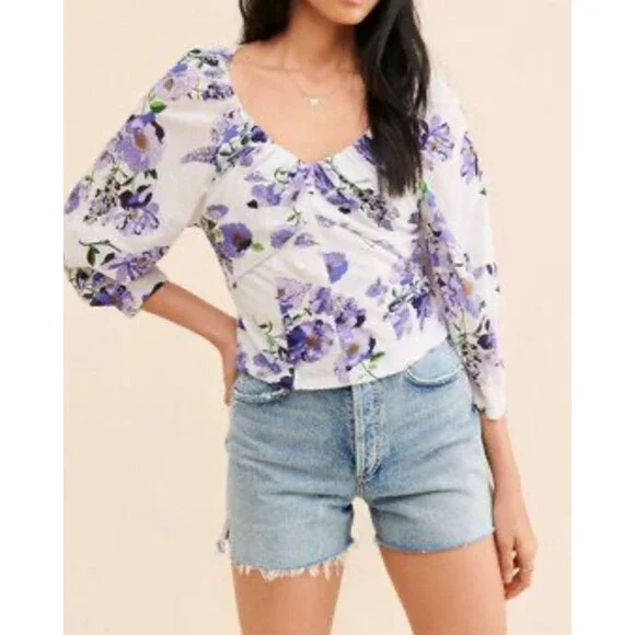 Anthropologie Purple White Floral Ruched Balloon Sleeve Top Cotton Knit Boho M