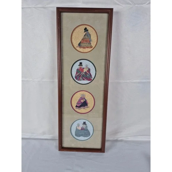 Vintage Southwestern Needlepoint Wall Art Framed Cross‎ Stitch Figures 4 Panels
