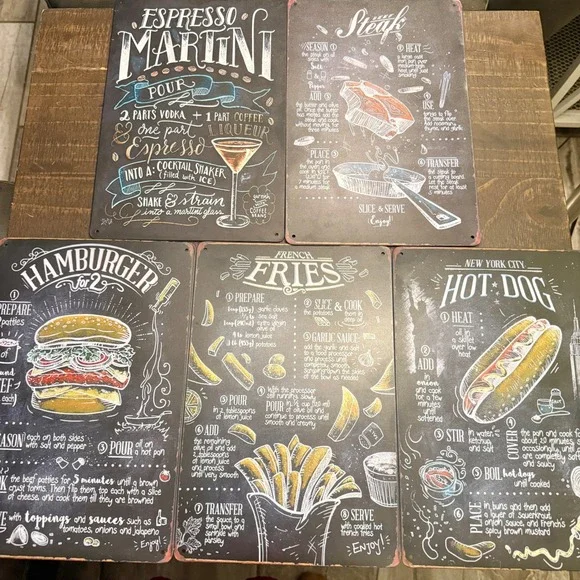 5PC Metal Tin Sign Set Multicolor‎ Excellent Chalkboard Recipe Art