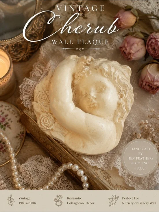 Vintage Hen Feathers‎ Cherub Wall Plaque Romantic Cottagecore Angel Relief