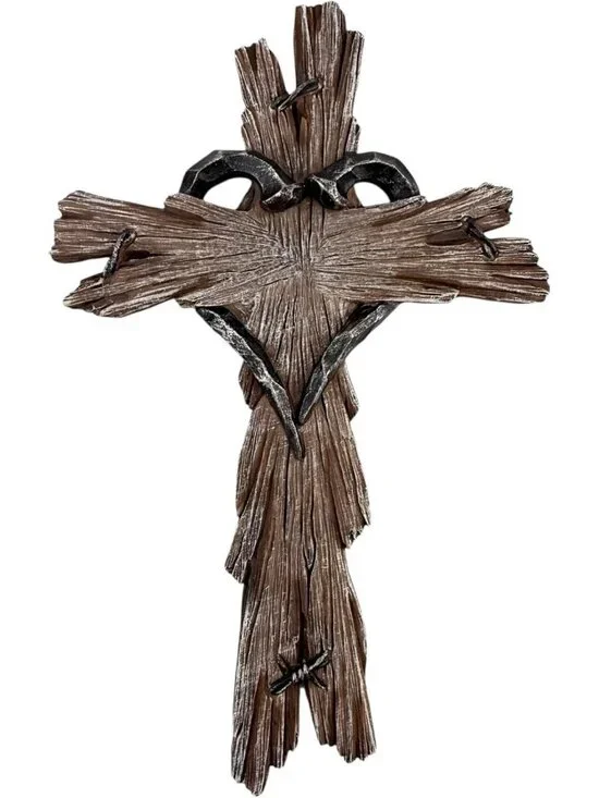 Rustic Wood-Look Resin Wall Cross with Barbed Wire & Heart Accents - Farmhouse