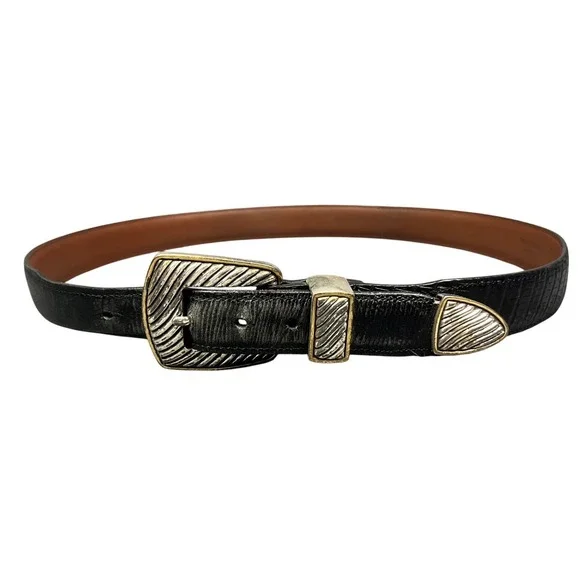 Onyx by Brighton Black Leather Croc Embossed Western Belt Silver Gold Buckle 26