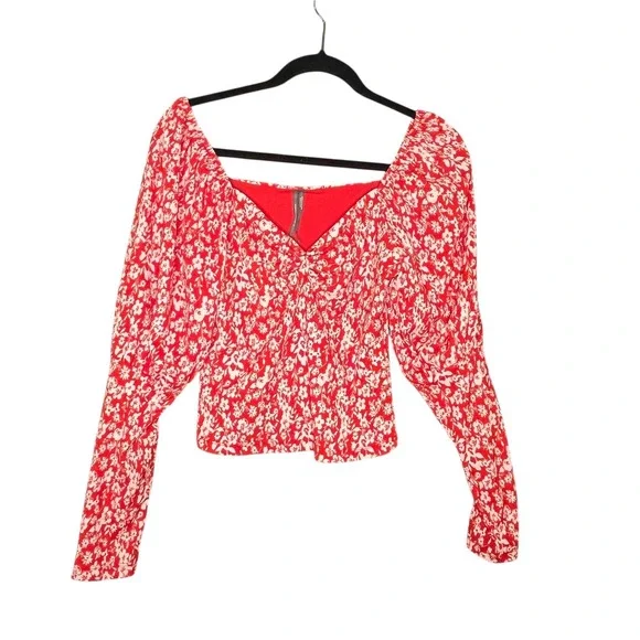 Anthropologie Red Floral Puff Sleeve Sweetheart Cropped Blouse Sz S Romance Boho