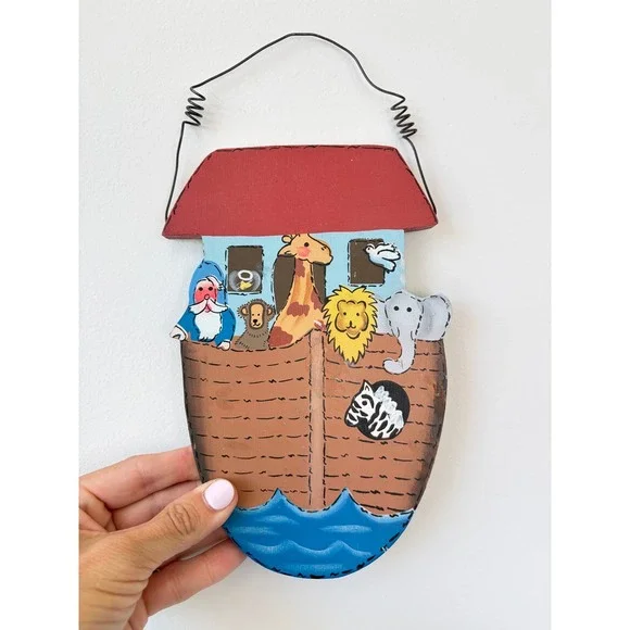 Hand Painted Wooden Noahs Ark Wall Hanging Folk Art Nursery Decor Animal Sign
