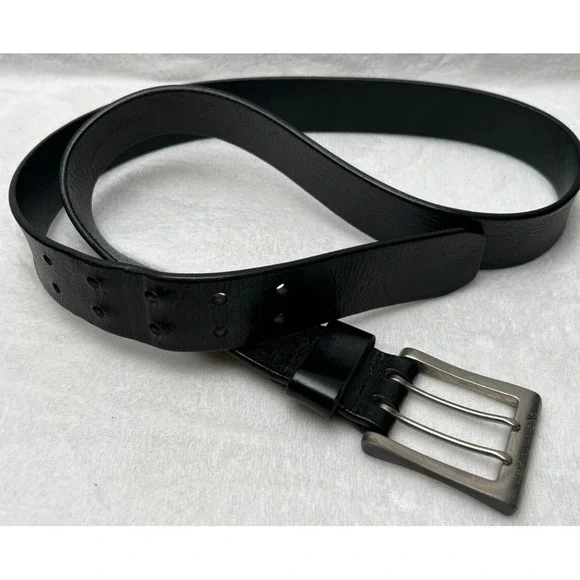 Calvin Klein Jeans Belt Mens 38.5 Black Leather Double Prong Silver Toned Preppy