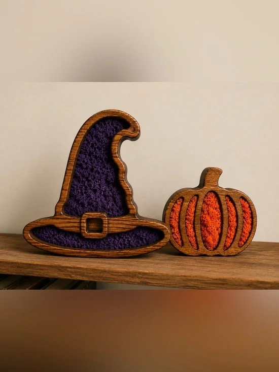 Wooden Witch Hat and Pumpkin Halloween Décor - Purple & Orange