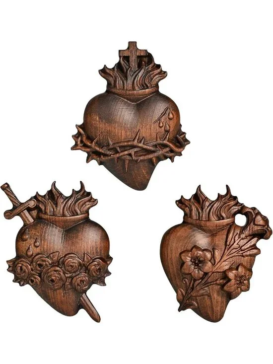 Handmade Wooden Sacred Hearts Wall Decor Set | 3pcs Beechwood Art with Hooks