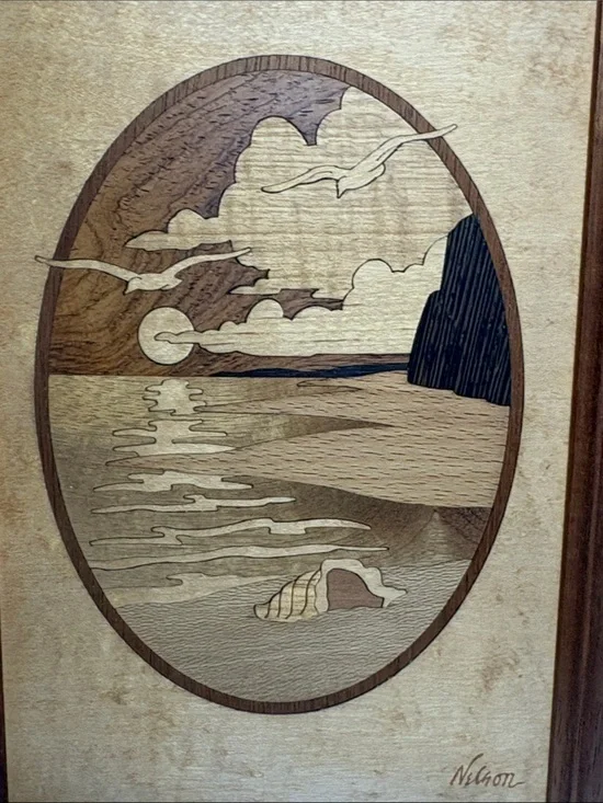Handcrafted Wooden Marquetry Coastal Scene Hudson River Inlay Framed