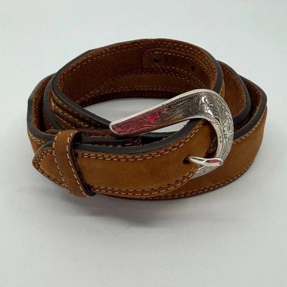 Vtg Justin Belt Mens 36 Brown Leather Silver Tone Buckle Concho Western Cowboy