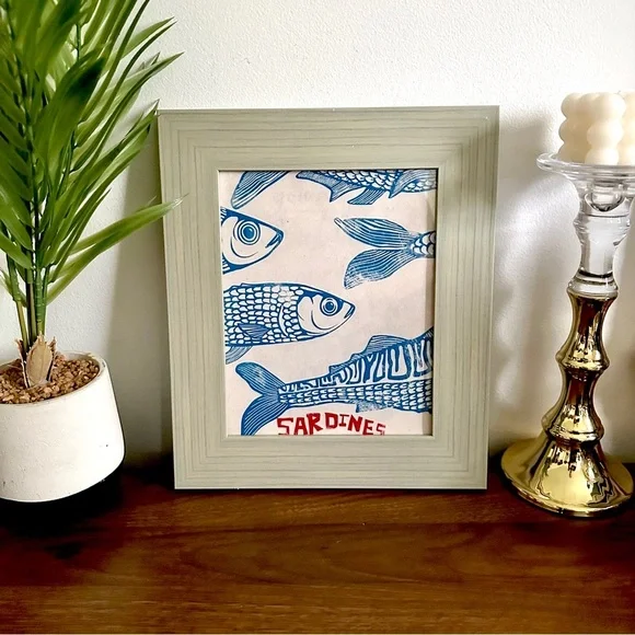 Retro Sardine Fish Canvas Print Wall Hang Art Blue Frame Blue Red Italy Ocean
