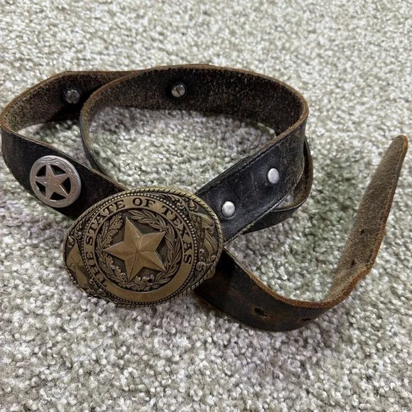 Vtg Tony Lama Brass Belt With Texas Buckle Full Grain Cowhide Sz 36 State Series