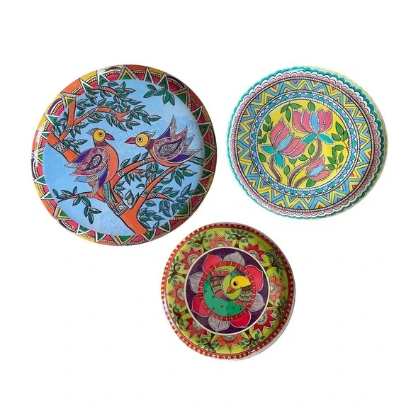 Madhubani Hand Painted Wall Hanging Plates‎ Set of 3 Bird Floral Folk Art Decor