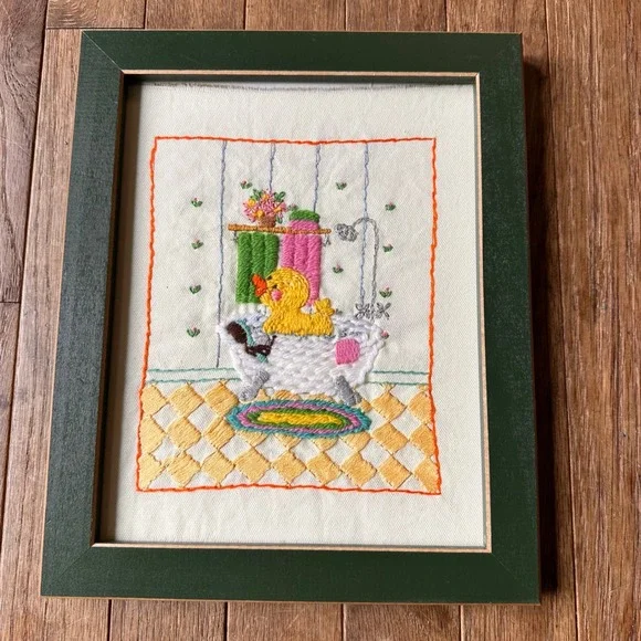 80s Hand Embroidered Framed Rubber Ducky Wall Art Unisex‎ 9x11 Yellow Nursery