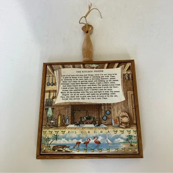 Vintage Wood and Ceramic Trivet/ Wall‎ Hanging Collectible “Kitchen Prayer”
