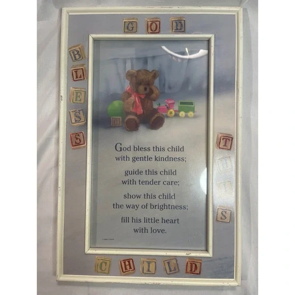 Vintage 1992 Abbey Press God Bless This Child Framed Nursery Wall Art Teddy Bear