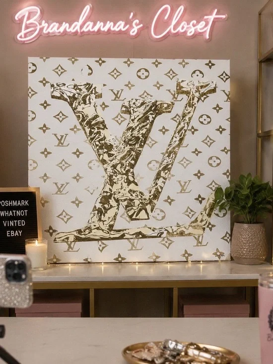 Oliver Gal Gold Glitter LV Monogram Canvas Wall Art 30x30