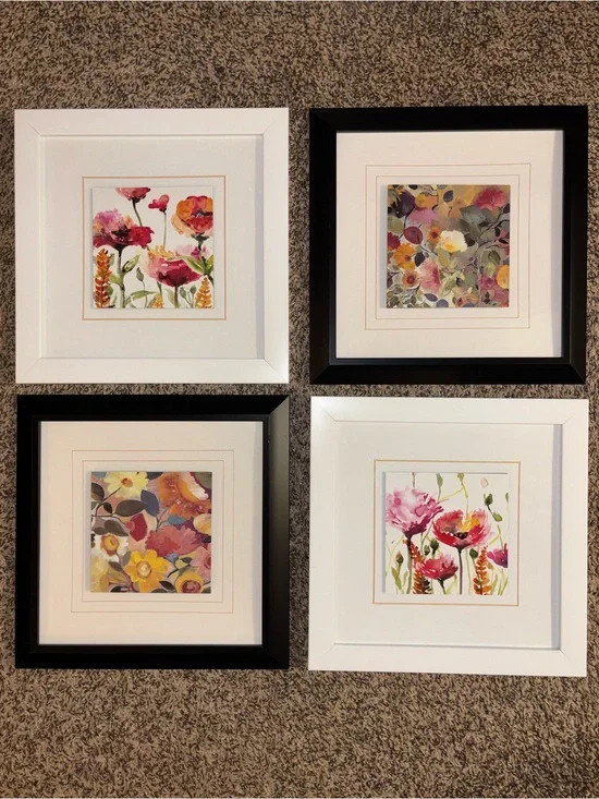 Set of 4 Floral Square Wall Art Prints in Black & White Frames - Ready to Hang