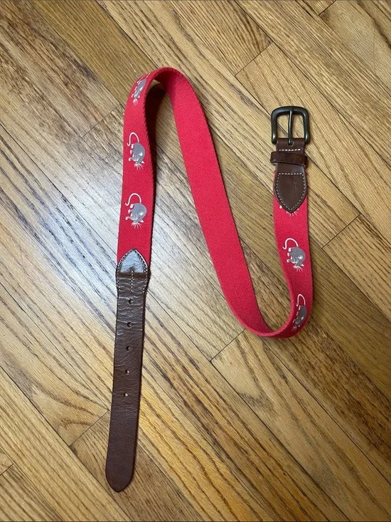 Urban Outfitters Red Woven Belt with Embroidered Mice & Brown Leather Trim