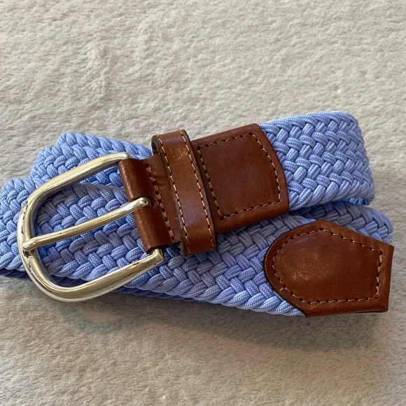 Men’s braided stretch belt w/ leather accents shiny silver brass buckle Sz 32