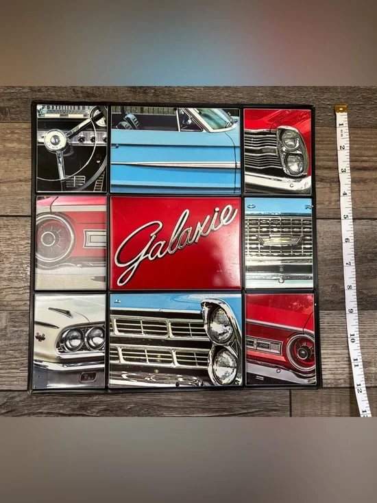 Vintage Car Tile Wall Art - Red & Blue Automotive Collage