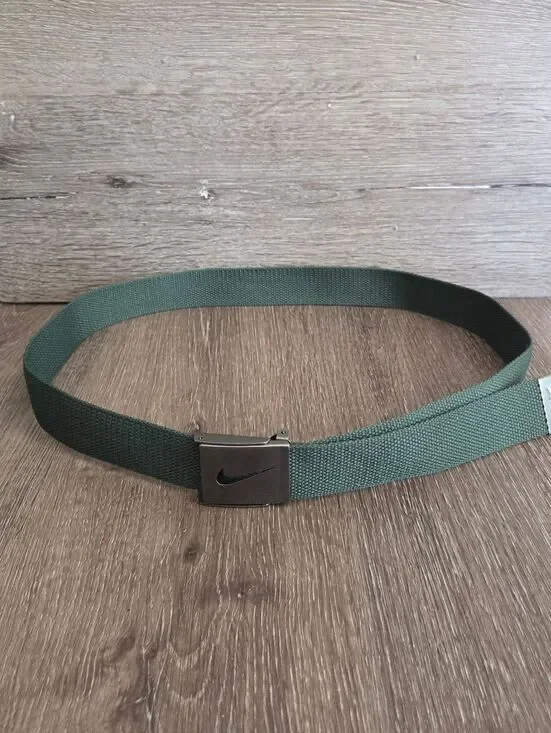 Nike Olive Green Webbing Belt with Metal Swoosh Buckle