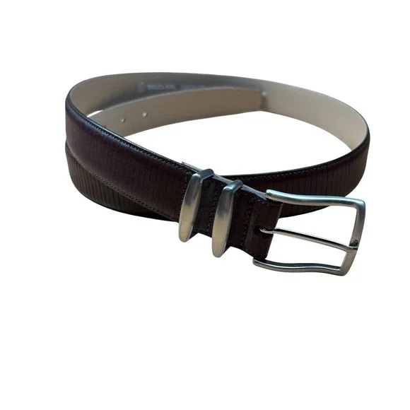 MEZLAN Men's Dark Brown Linear Ribbed Leather Dress Belt Sz 38 Made in Spain