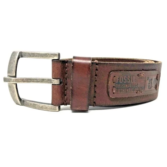 Fossil EVAN Leather Belt Mens Size 44 Logo Patch Brown Full Grain Cowhide