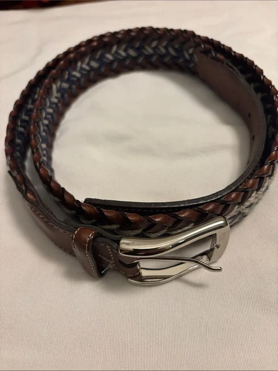 Torino Men's Leather And Rope Woven Braided Belt Navy Blue Brown Size 40 USA