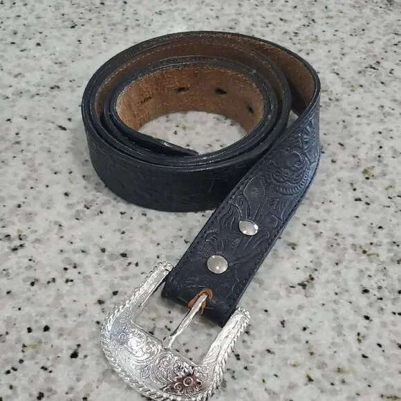 Classic Black and Silver Leather Belt with Adjustable Buckle