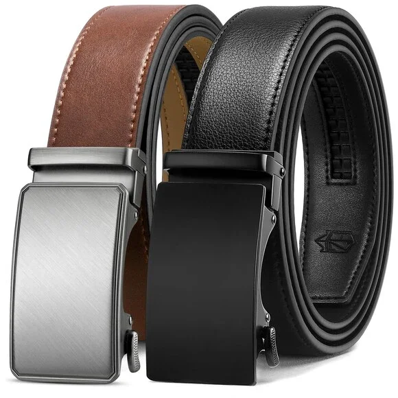 Zitahli Men's Ratchet Belt 2 Packs Leather Gift Dress CasualTrim Fit Size 34-48