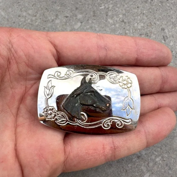 Vintage Silver Metal Small Belt Buckle Horse Head Made in USA Floral Engraved
