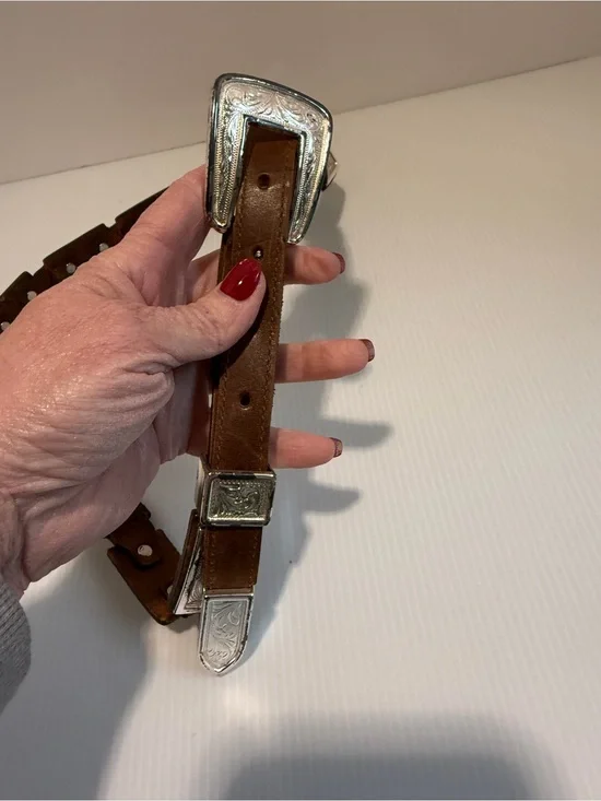 Vintage Western Ranger Belt Size 34 Brown Leather Silver Segment Plaque Concho