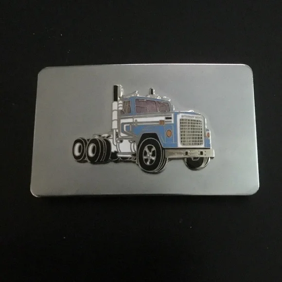 International Semi Truck Belt Buckle Enamel Silver Tone 3.25 x 2” Blue Cab VTG