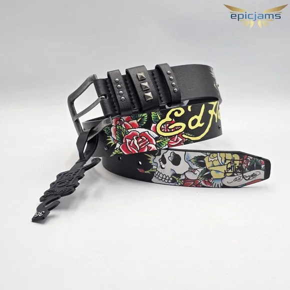 Ed Hardy Men's Skull Rose Print Black Belt With Rivet Studs Size 36 Y2K Punk New