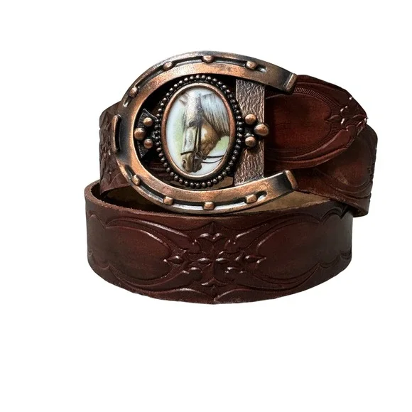 Vintage Western Tooled Brown Leather Belt Horseshoe Horse Portrait Buckle 44.5in