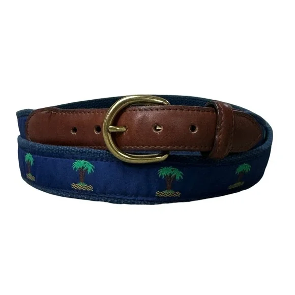 Barrons-Hunter Navy Canvas Brown Leather Surcingle Belt Brass Buckle Made in USA