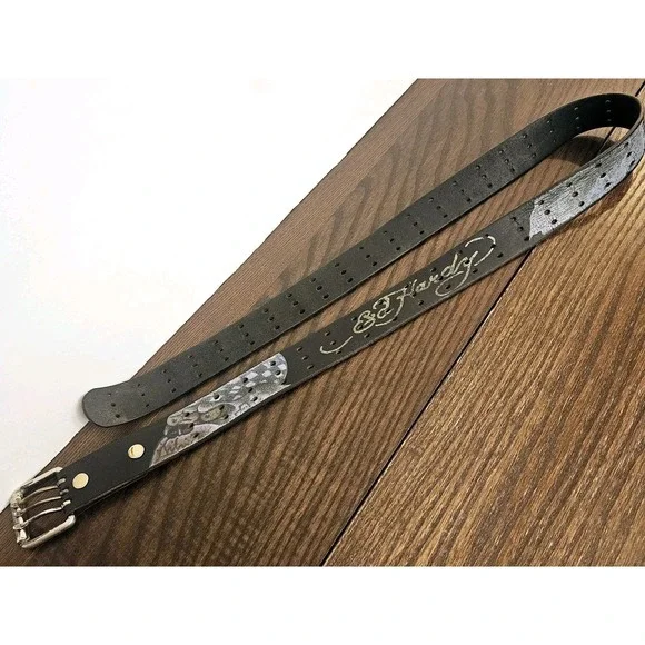 Vtg Y2K Ed Hardy Spell-Out Bulldog Tiger Genuine Leather 3 Prong Belt 46.5