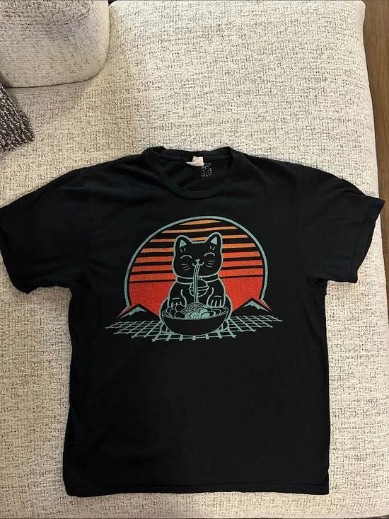 Ramen Noodle Cat Black Tee with Teal Cat & Orange Sunset Graphic