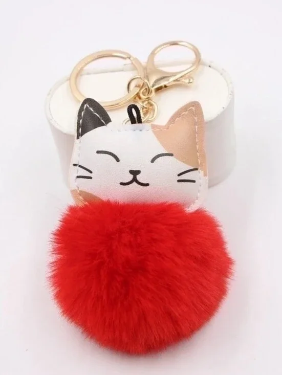 Cat Pom-Pom Keychain Plush - Red