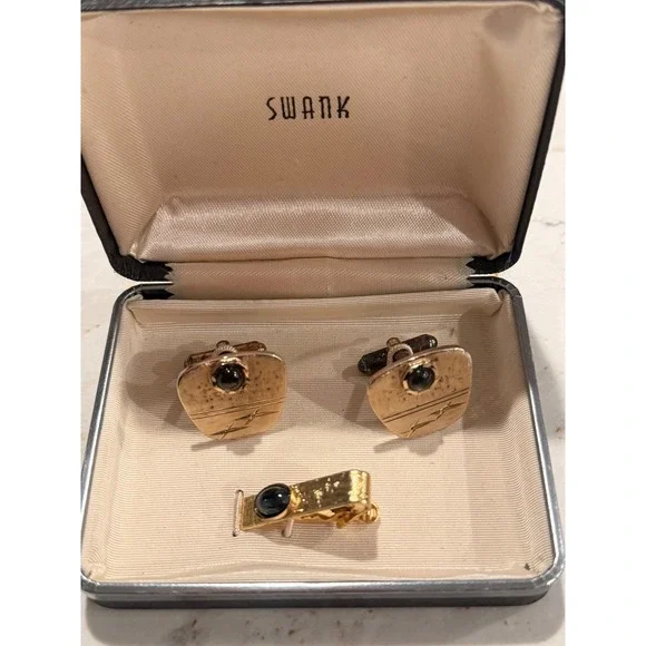 Vintage Swank Cufflinks and Tie Clip Set Gold Tone Black Cabochon with Box