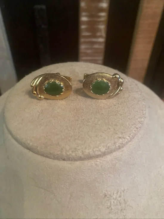 Gold Oval Cuff Links with Green Center Stone