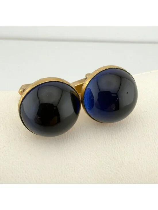 Vintage Blue Glass Dome Swank Cuff Links Cabochon Gold Tone