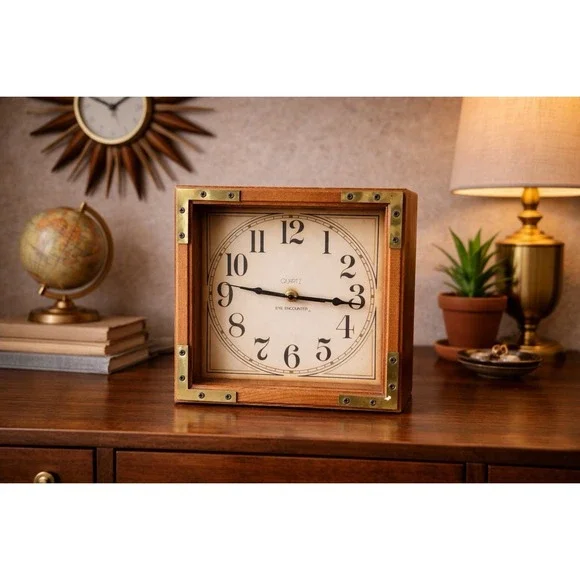 Vintage Rustic Wooden Clock with Brass Corners | Mid‎ Century Cottagecore Decor
