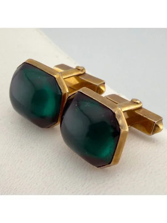 Vintage Green Glass Cufflinks Gold Tone Octagon Retro Mid Century