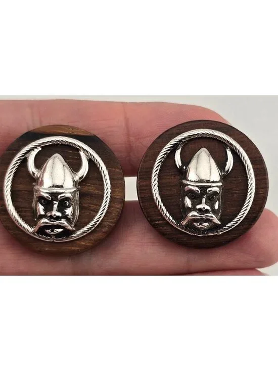 Vintage Swank Viking Wood & Silver-Tone Cufflinks Round With Horned Helmet
